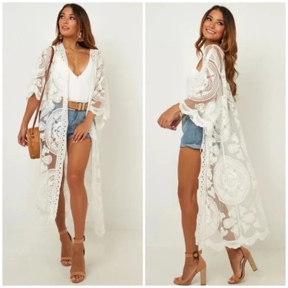 Tops - Scalloped Sheer Mesh Lace Boho Kimono Coverup Wrap